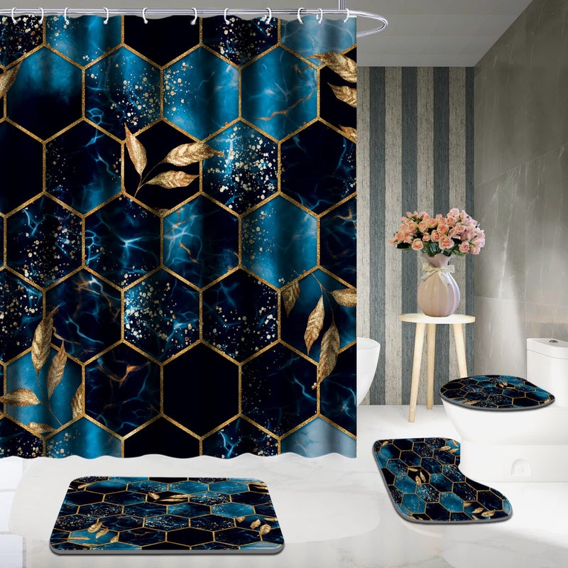 Poedist 4 Pcs Bathroom Shower Curtain Set Bathroom Sets with Rugs(Bath Mat U Shape and Toilet Lid Cover Mat) and 12 Hooks Sky Blue Honeycomb Marble - Image 5